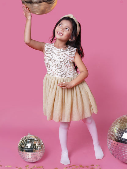 Golden sequin fit and flare birthday dress for girls with sleeveless design, glittery net flare, and back zipper – perfect for special occasions and celebrations