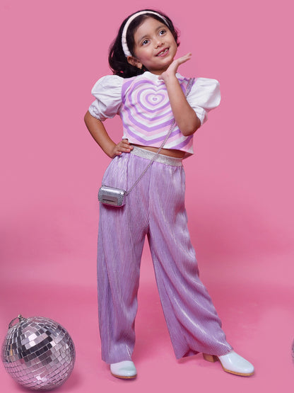 Little Carrot Premium Heart Print Lavender Crop Top And Pant Set Of 2, Airport Look, premium kids' wear for girls, size 2-3-years.