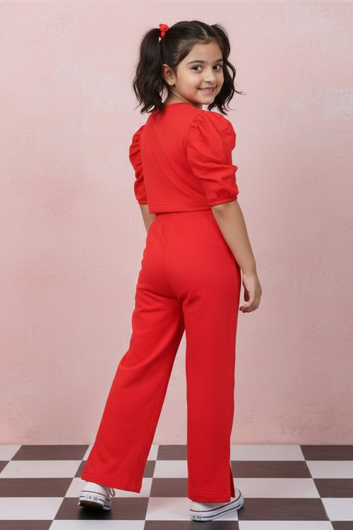 Casual Pure Cotton Red Co-ord Set for Girls | Crop Top & Flared Pants