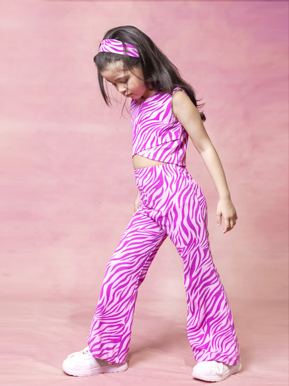 Wholesale Purple Zebra Print Co-ord Set – Overlap Top, Flared Pants & Matching Hairband