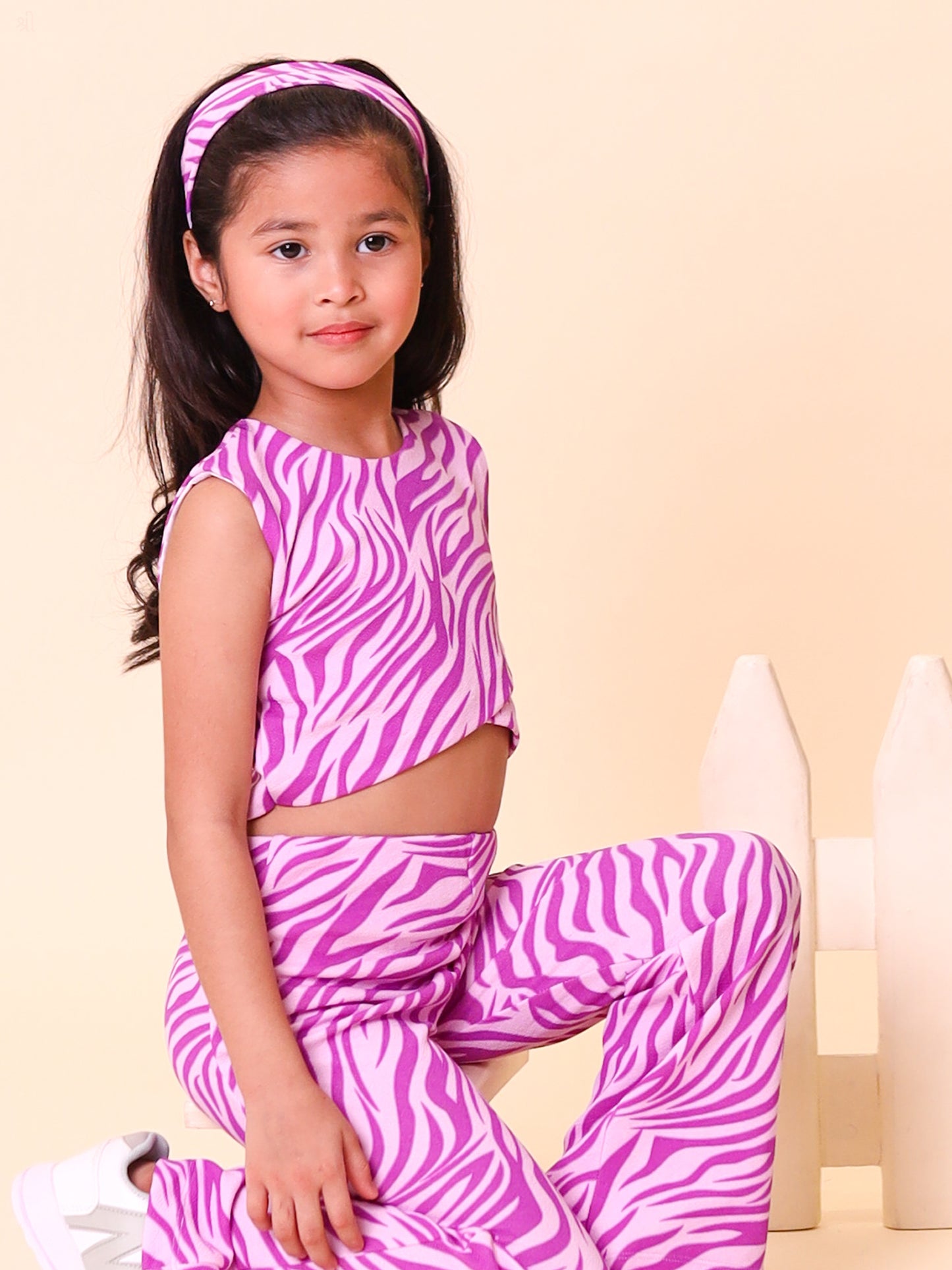 Wholesale Purple Zebra Print Co-ord Set – Overlap Top, Flared Pants & Matching Hairband
