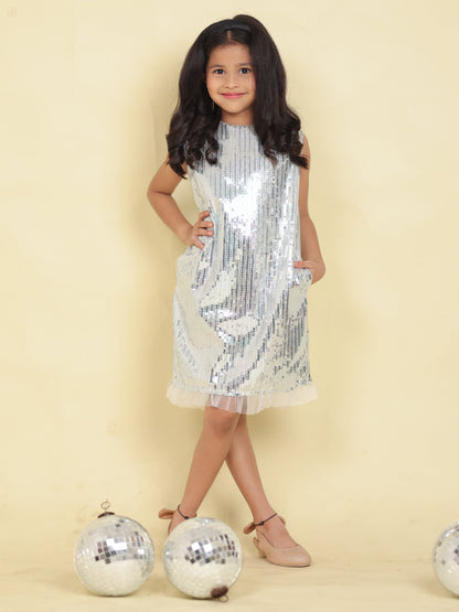 Little Carrot Classic Silver Sequin A Line Dress With Frills And Pockets, Christmas, premium kids' wear for girls, size 3-4-years.