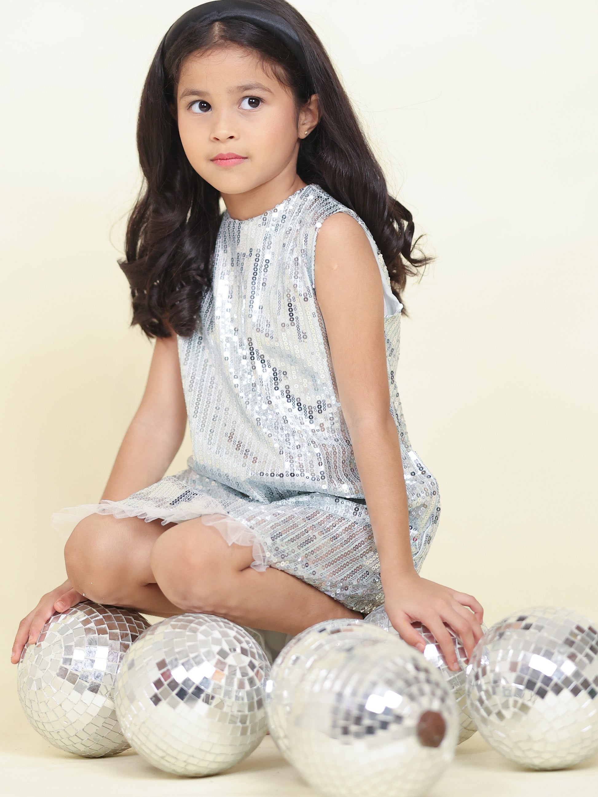Little Carrot Classic Silver Sequin A Line Dress With Frills And Pockets, , premium kids' wear for girls, size 5-6-years.