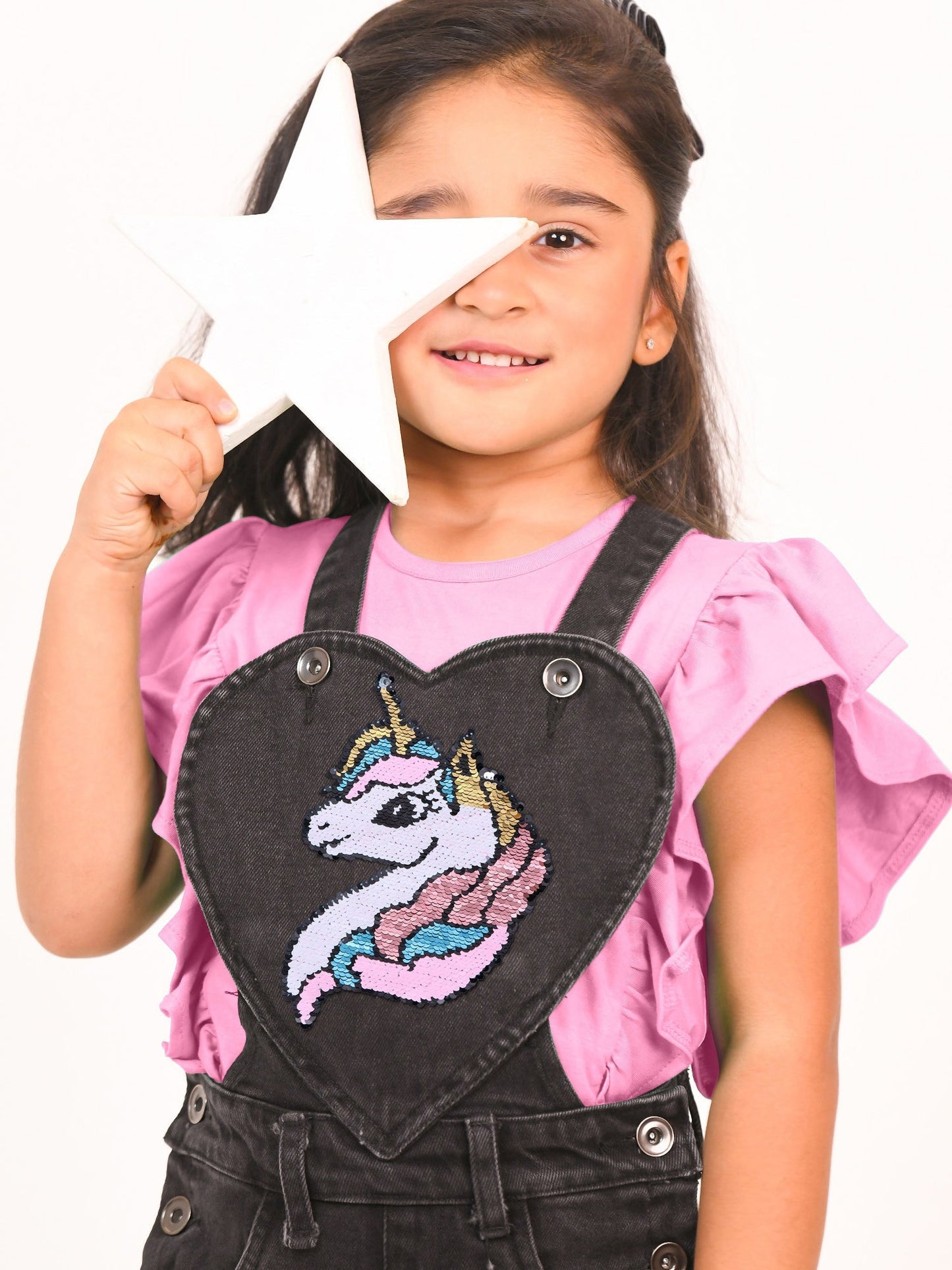 Little Carrot Denim Heart Dungaree With T Shirt, , premium kids' wear for girls, size 6-7-years.