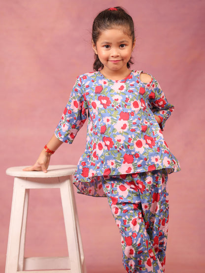 Little Carrot Girls Floral Printed Cotton Loungewear Set With Frill Detailing, , premium kids' wear for girls, size 3-4-years.