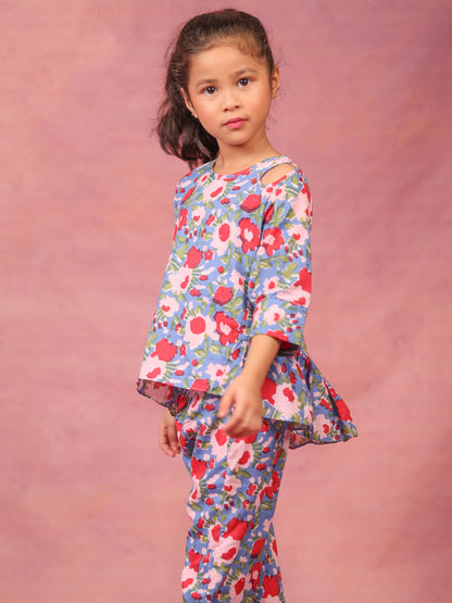 Little Carrot Girls Floral Printed Cotton Loungewear Set With Frill Detailing, , premium kids' wear for girls, size 4-5-years.