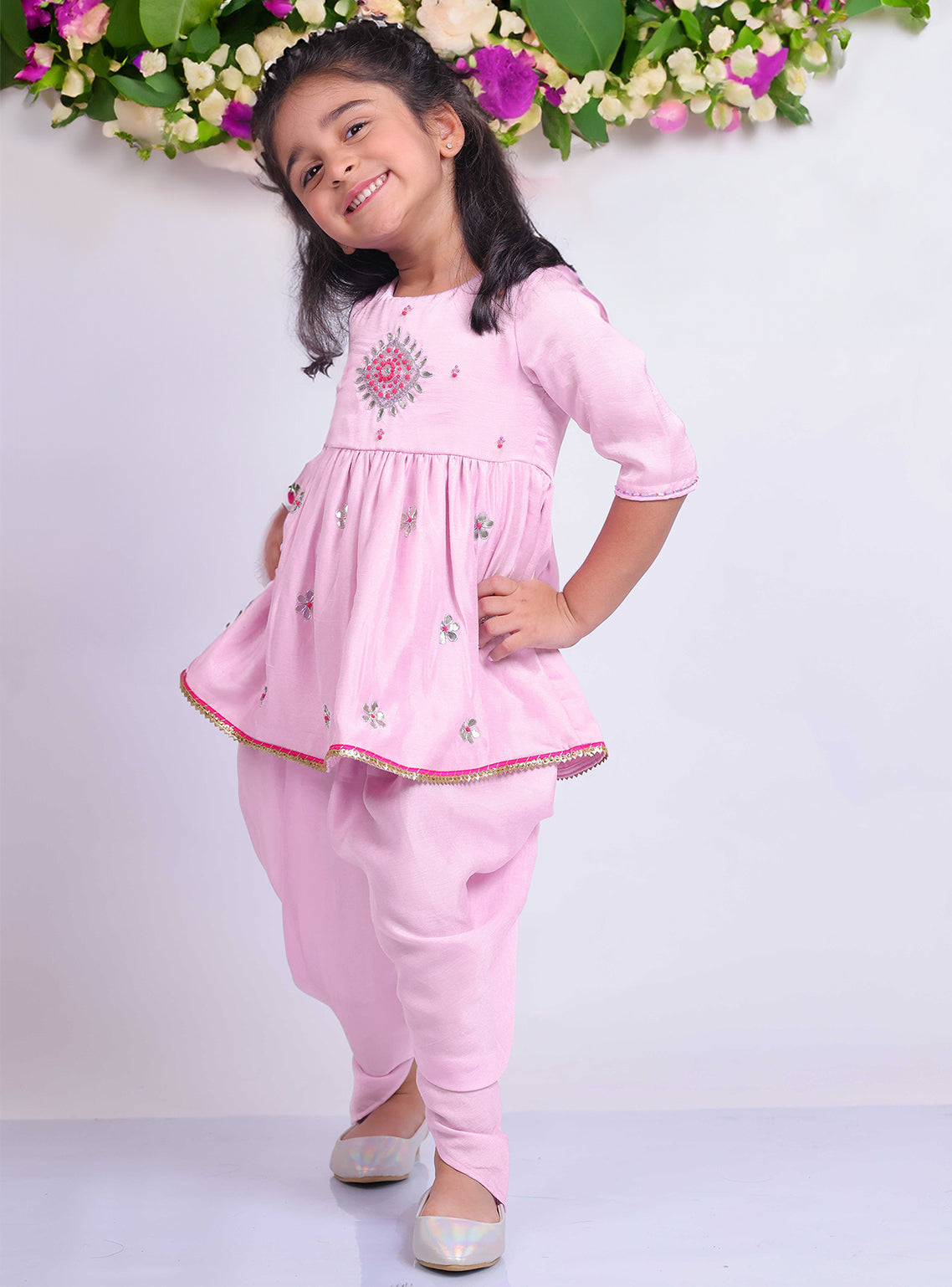 Little Carrot Girls Hand Embroidered Kurta Set With Dhoti Pants, Cotton Lined, premium kids' wear for girls, size 2-3-years.