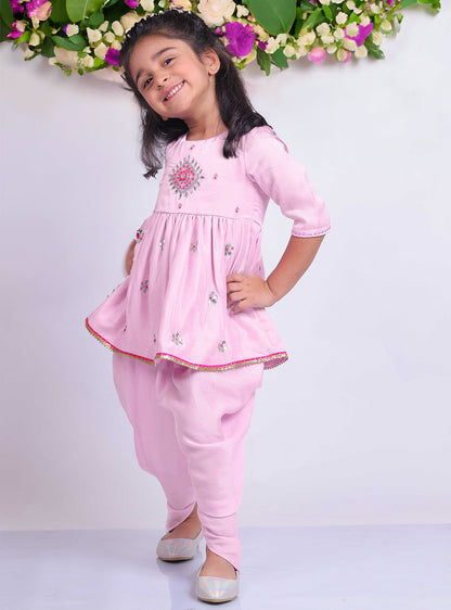 Little Carrot Girls Hand Embroidered Kurta Set With Dhoti Pants, Cotton Lined, premium kids' wear for girls, size 2-3-years.