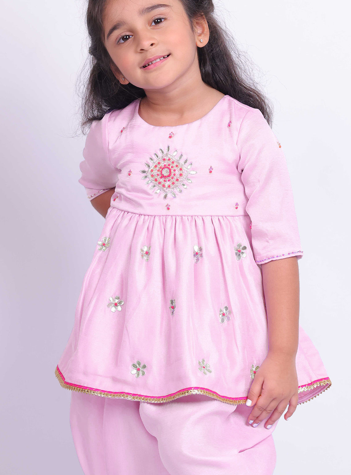 Little Carrot Girls Hand Embroidered Kurta Set With Dhoti Pants, , premium kids' wear for girls, size 8-9-years.