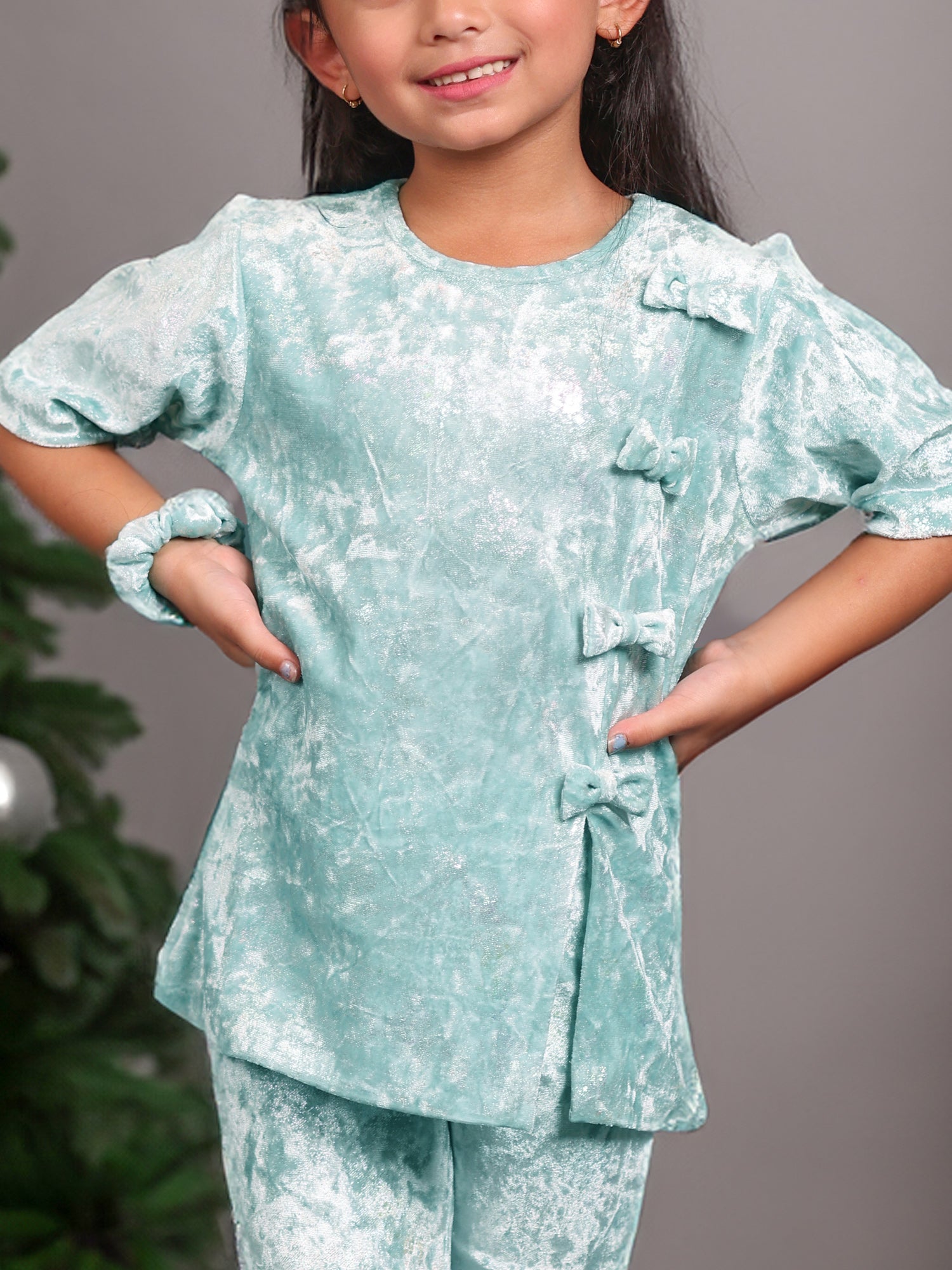 Little Carrot Girls Textured Velvet Clothing Set With Bow Accents Matching Scrunchie, , premium kids' wear for girls, size 7-8-years.