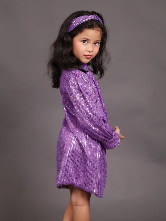Little Carrot Glamorous Purple Sequin Party Dress With Full Sleeves, Autumn, premium kids' wear for girls, size purple.