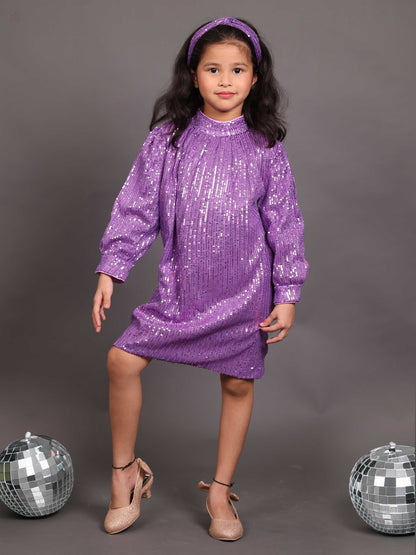 Little Carrot Glamorous Purple Sequin Party Dress With Full Sleeves, , premium kids' wear for girls, size purple.