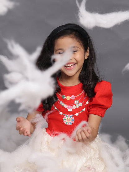 Little Carrot Red Festive Dress With Poppy Necklace Print, Airport Look, premium kids' wear for girls, size 2-3-years.