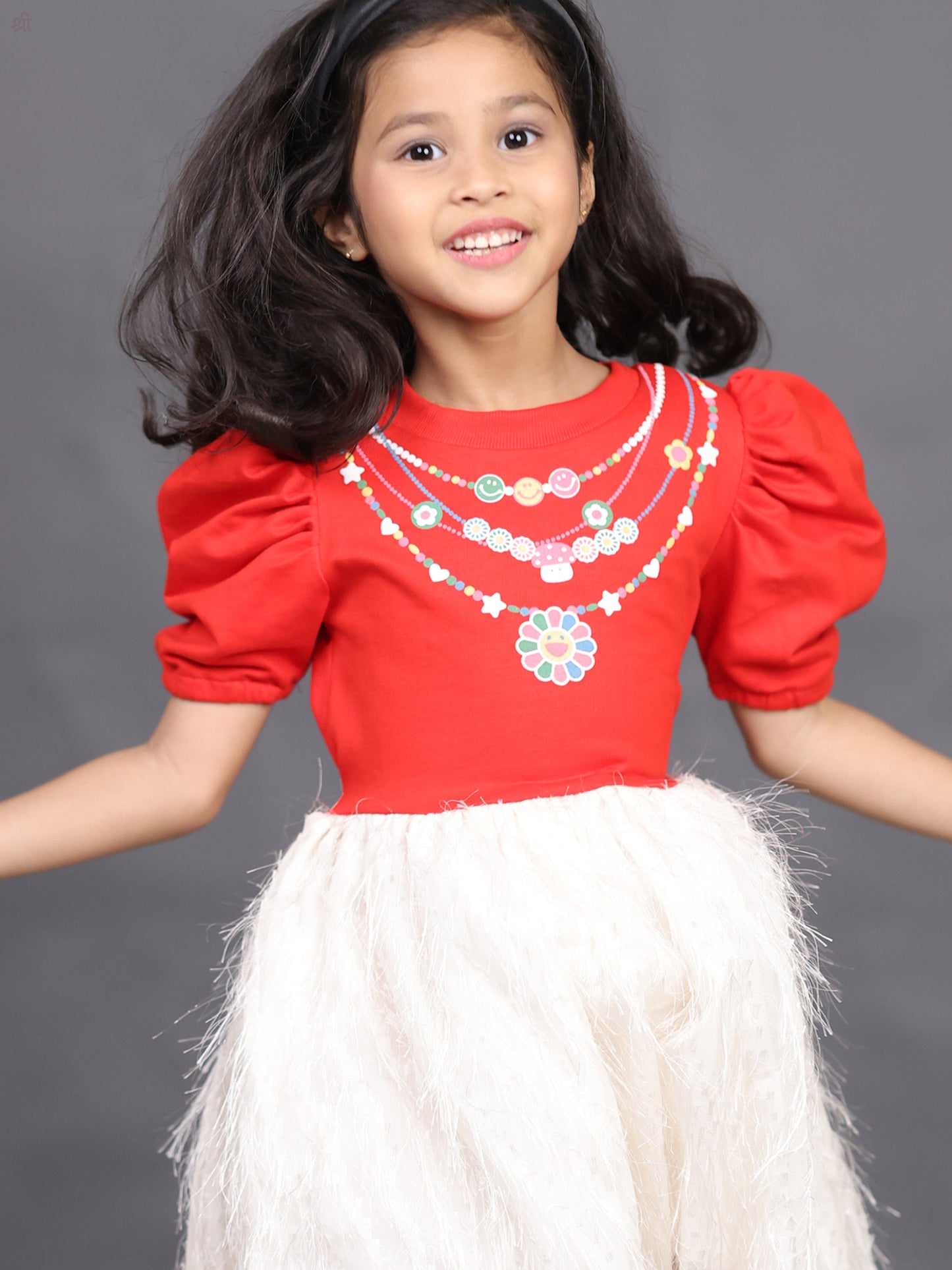 Little Carrot Red Festive Dress With Poppy Necklace Print, , premium kids' wear for girls, size 4-5-years.