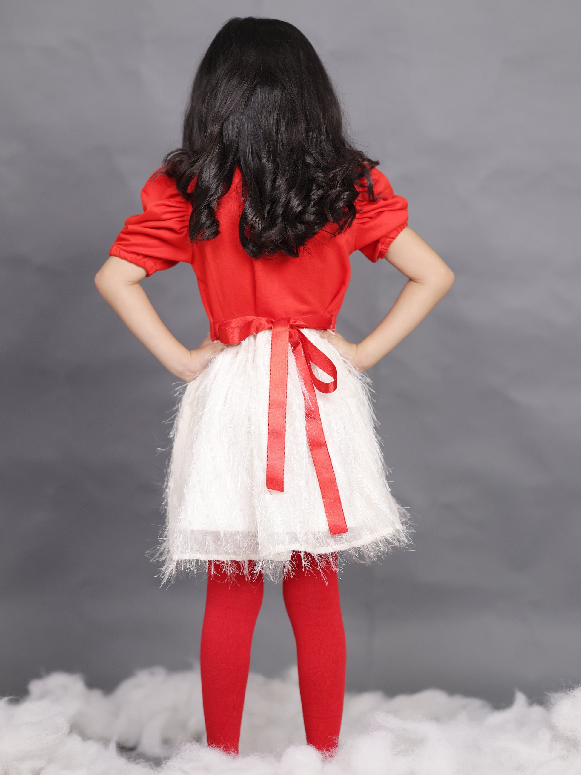 Little Carrot Red Festive Dress With Poppy Necklace Print, , premium kids' wear for girls, size 6-7-years.