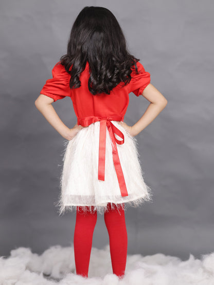 Little Carrot Red Festive Dress With Poppy Necklace Print, , premium kids' wear for girls, size 6-7-years.