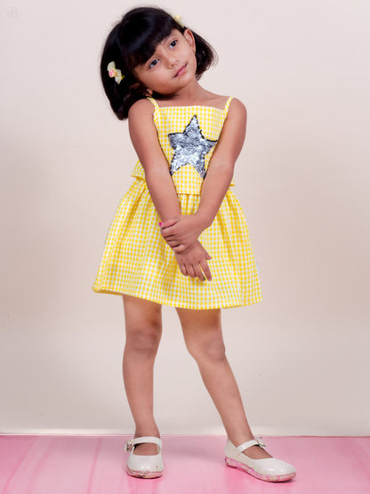 Little Carrot Yellow Beach Dress With Star Sequin Applique, Appliques, premium kids' wear for girls, size 2-3-years.